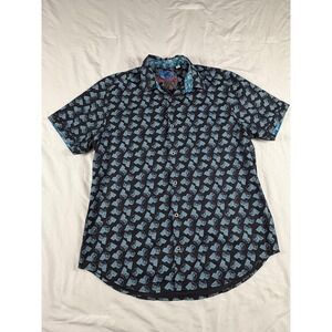 Robert Graham Mens Geometric Skull Button Down Shirt Black Teal Short Sleeve XL